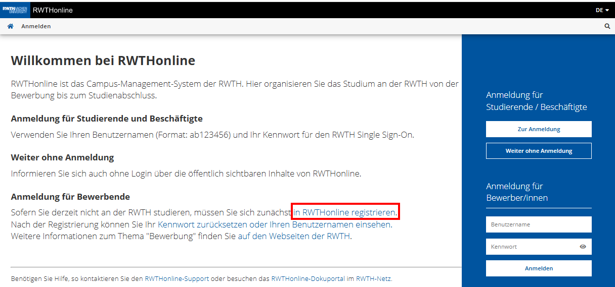 Starseite von RWTHonline Screenshot der Starseite von RWTHonline. Der Link zum Registrieren ist als Hyperlink mit den Worten „in RWTHonline registrieren“ wählbar. Dieser Link befindet sich im Fließtext unter der Überschrift „Anmeldung für Bewerbende“.