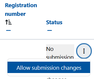Screenshot: "Status" column with three dots highlighted. In the menu below, the option "Allow submission changes" is highlighted.