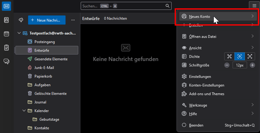 Screenshot of the start page in Thunderbird, which graphically displays the elements under step 1. The option can be found in the top right-hand corner.