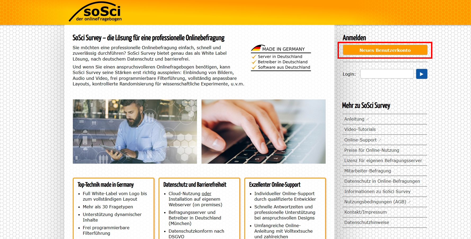 Screenshot der Startseite von SoSci Survey. Unter der Überschrift "Anmelden" befindet sich die Schaltfläche "Neues Benutzerkonto".