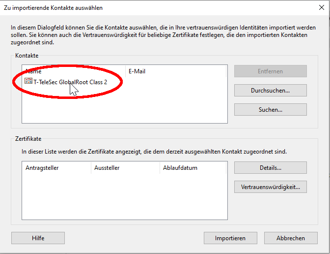T-TeleSec Zertifikat als Kontakt wählen T-TeleSec Zertifikat als Kontakt wählen