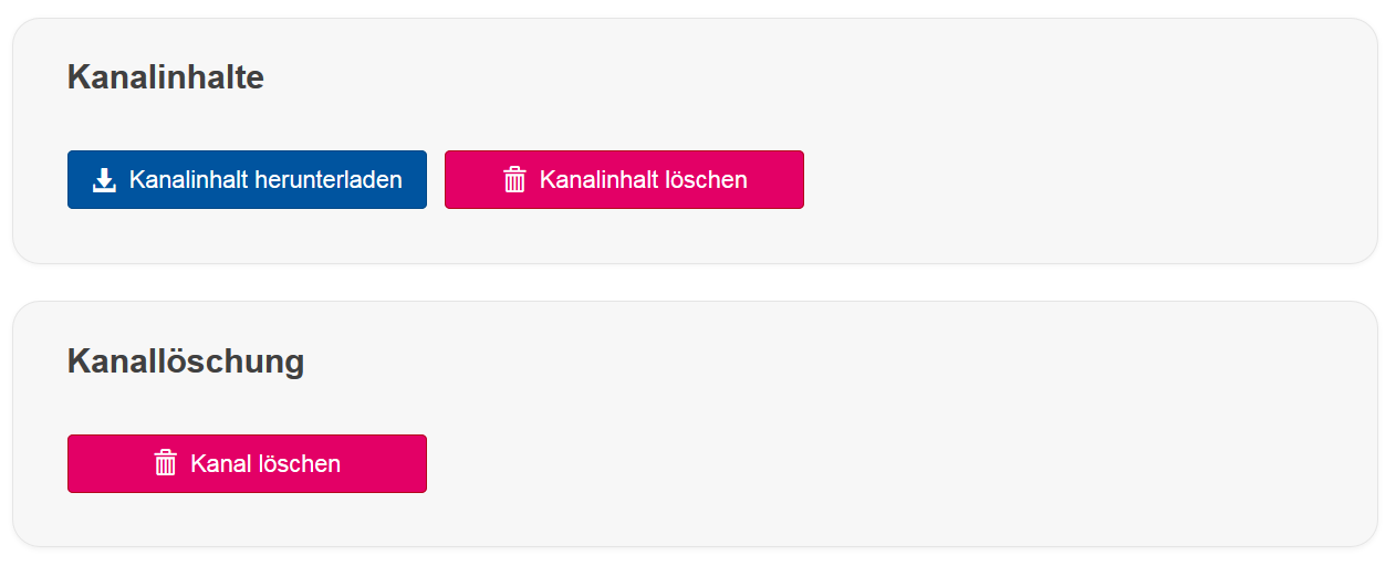 Screenshot of the above points. Under "Kanalinhalte" you will find the buttons "Kanalinhalt herunterladen" and "Kanalinhalt löschen".