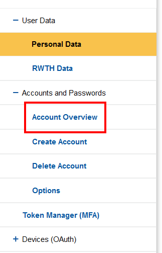 Screenshot of the IDM Selfservice start page. The “Accounts and passwords” tab is expanded. Inside you will find the buttons “Account overview”, “Create account”, “Delete account” and “Options”.