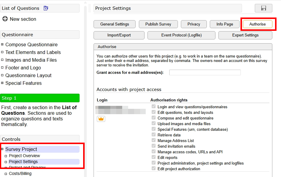 Screenshot of the project settings, "Authorize" tab. Under "Grant access for email address(es)," you can enter another user's username.