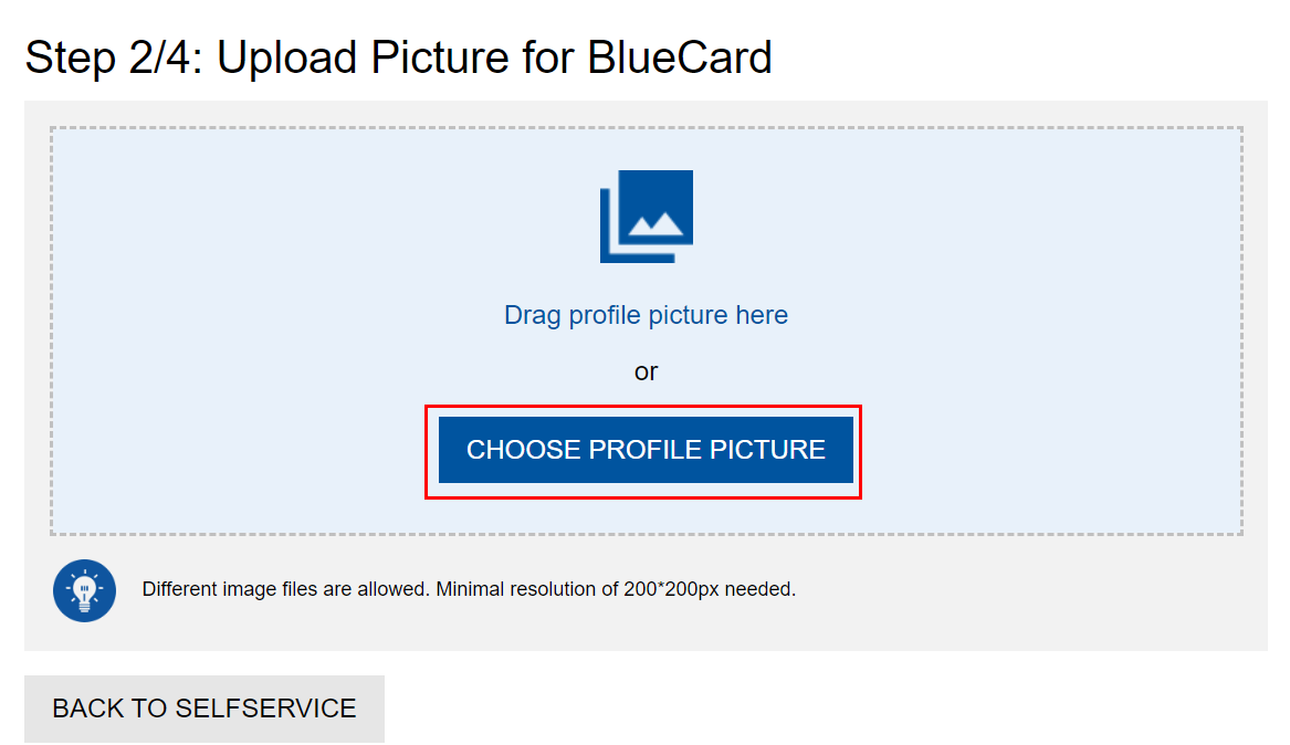 Screenshot of PictureManager. Under "Step 2/4: Upload Picture for BlueCard," you will find the "Select Profile Picture" button.