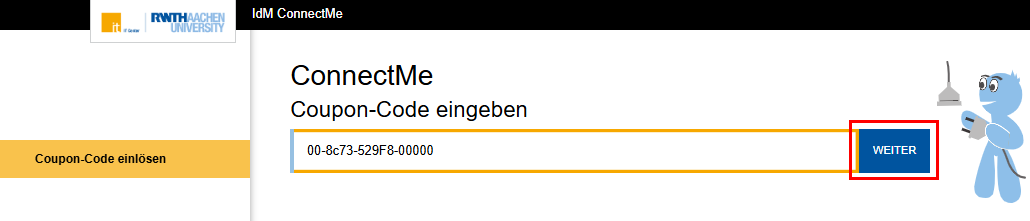 Ein Screenshot der ConnectMe-Seite, worauf ein Feld für die Eingabe des Coupon-Codes abgebildet ist. Im Textfeld  ist der Coupon-Code eigegeben. Neben dem Feld befindet sich der Button Weiter.