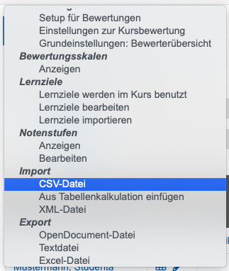 Screenshot: Auswahldialog in Bewertungen für CSV-Import