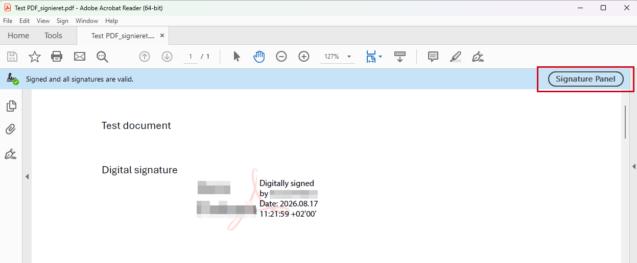 Digitally signed PDF document in Adobe Acrobat Reader. A message regarding the validity of the signatures is displayed in the signature panel.