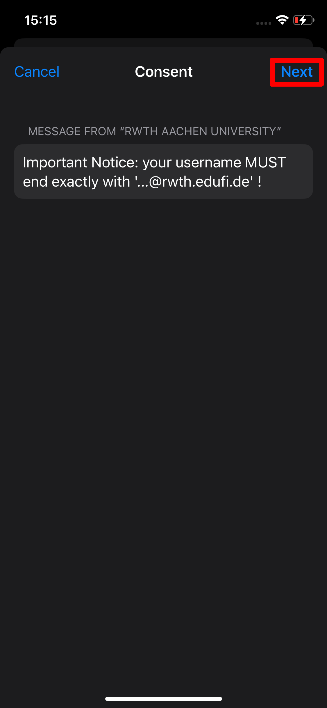 The note is located under "Message from RWTH Aachen University" and reminds you that the username ends with @rwth.edufi.de.