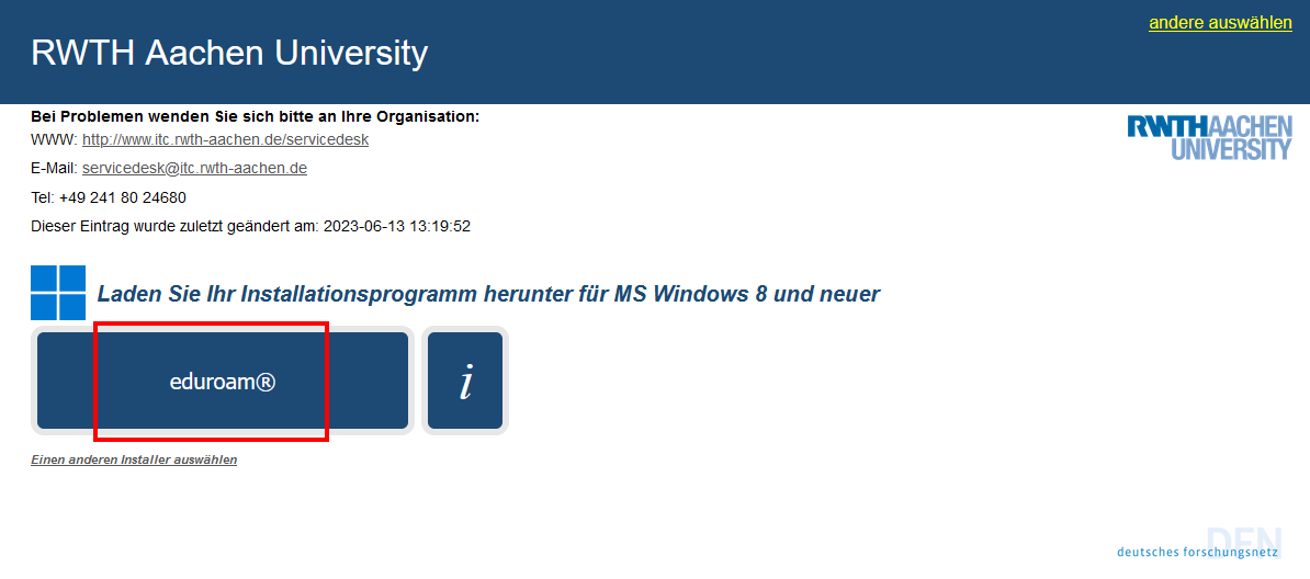 Screenshot der CAT-Website. Die eduroam-Schaltfläche befindet sich unter "Laden Sie Ihr Installationsprogramm herunter".