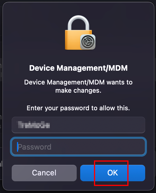 Screenshot of the Device Management/MDM pop-up window. Below you can enter your username and password. Below that are the Cancel and OK buttons.