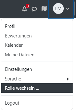Der Bildschirmausschnitt zeigt das Auswahlmenü zu den persönlichen Einstellungen, das man oben rechts auf dem Bildschirm per Klick auf das Namenskürzel ausklappt. Unter den Optionen ist der Punkt "Rolle wechseln..." hervorgehoben.