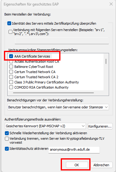 Screenshot des Fensters "Eigenschaften für geschütztes EAP". Der Bereich "Vertrauenswürdige Stammzertifizierungsstellen" ist der zweite Bereich. Die Zertifikate sind alphabetisch aufgelistet.