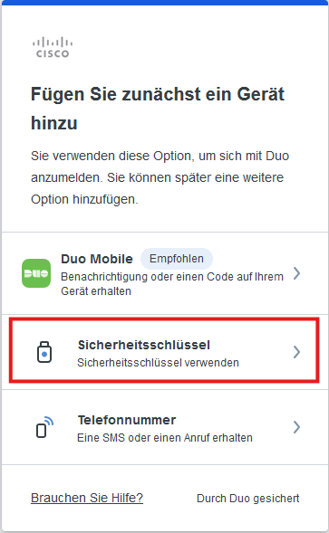 Screenshot des Fensters "Fügen Sie zunächst ein Gerät hinzu" auf dem zwischen "Duo Mobile" und "Telefonnummer" der Bereich "Sicherheitsschlüssel" markiert ist.