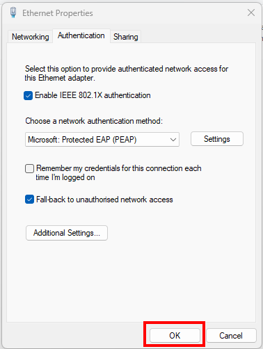 Screenshot of the Ethernet Properties window, Authentication tab. The OK button is located after the Additional Settings button.