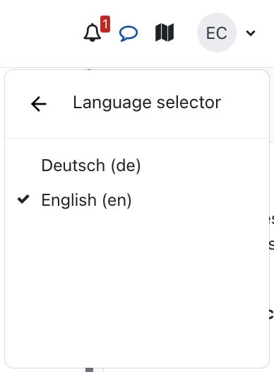 Overview of language selector This screenshots shows the menu for the "Language selector", that is offering the options "Deutsch" and "English".