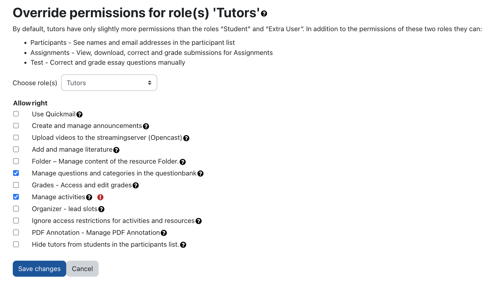Permissions for role tutors Permissions for role tutors
