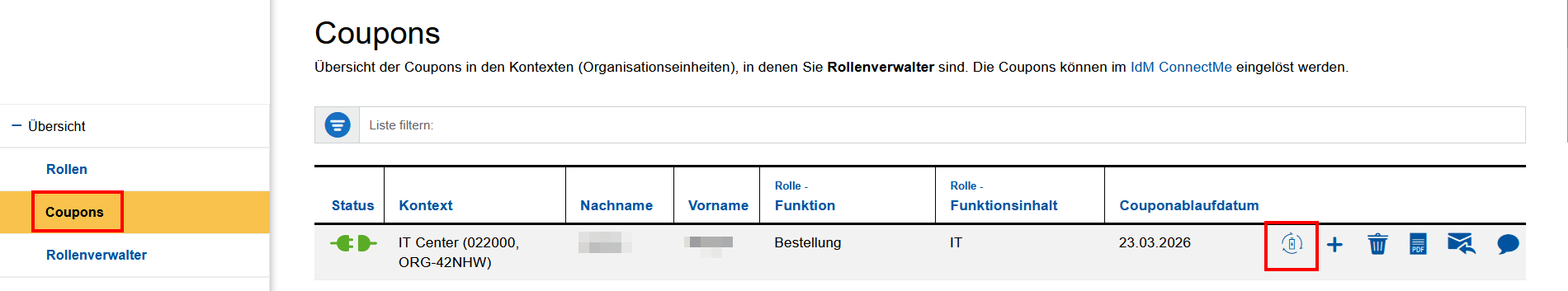 Screenshot des Reiters "Coupons" in der Rollenverwaltung. "Coupon verlängern" ist das erste Symbol in der Spalte "Couponablaufdatum".