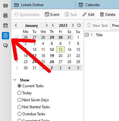 Navigate to Tasks Screenshot of the Tasks window in the Thunderbird calendar, which graphically displays the selection of options from step 7.