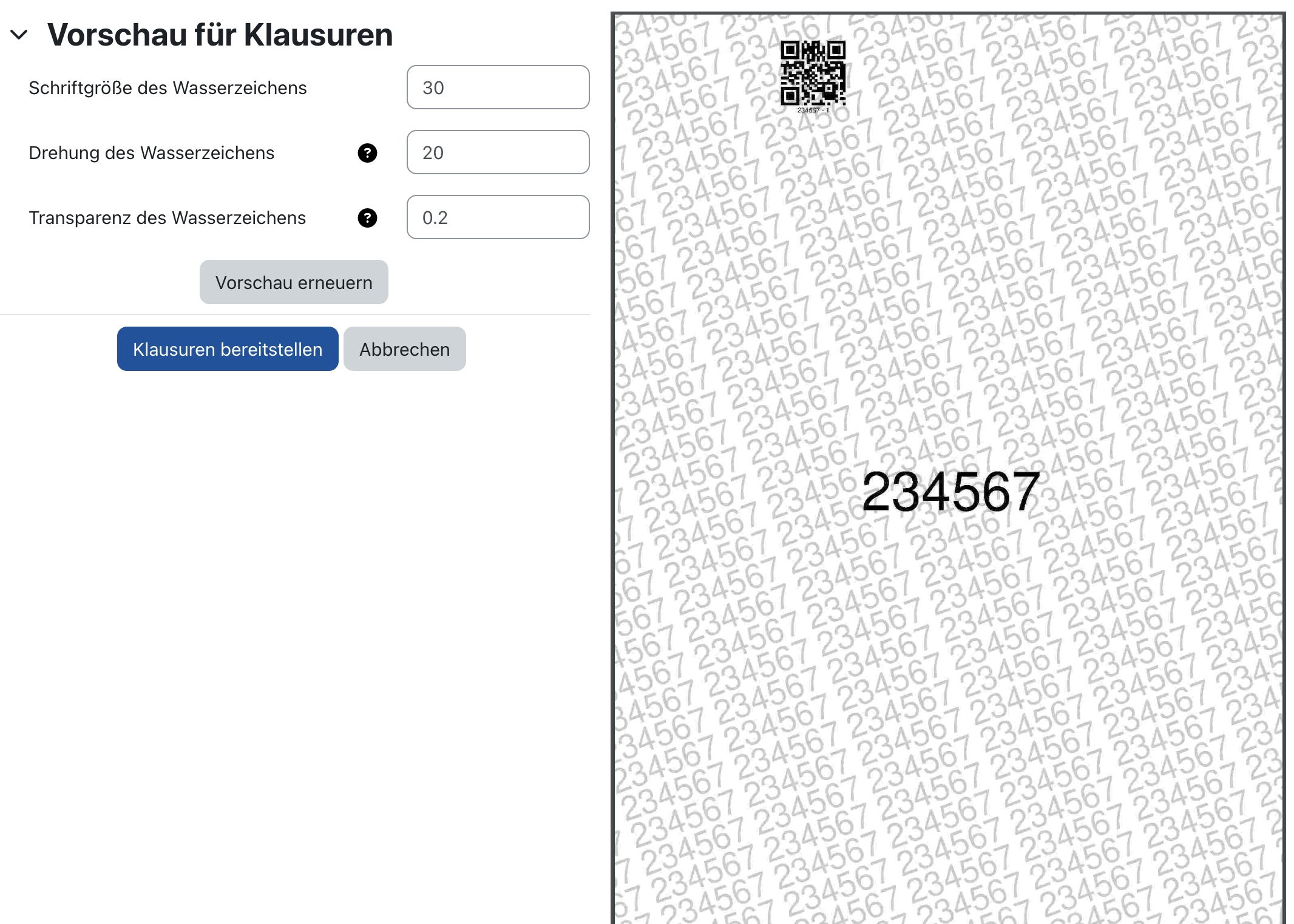Screenshot der Vorschau für das Bereitstellen der Klausurdateien. Links neben dem Vorschaubild lassen sich die Schriftgröße, Drehung und Transparenz des Wasserzeichens anpassen sowie die Vorschau erneuern. Unterhalb davon befindet sich der Button "Klausuren bereitstellen".