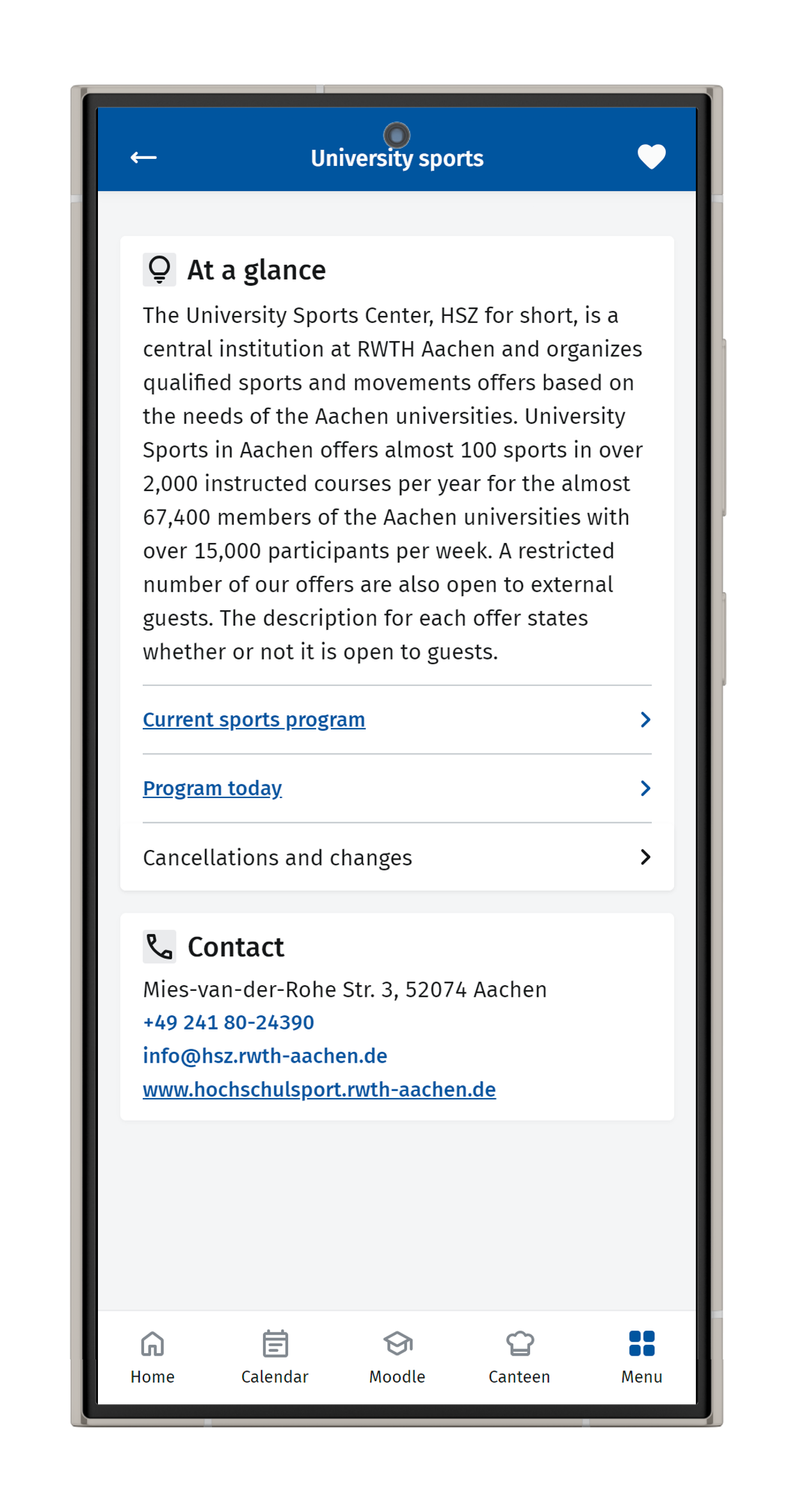 Favoriting a topic Screenshot of the university sports center page in the RWTHapp.