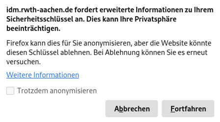 Screenshot, welcher das Pop-up zur Einrichtung zeigt. Fortfahren befindet sich am Ende des Pop-ups.