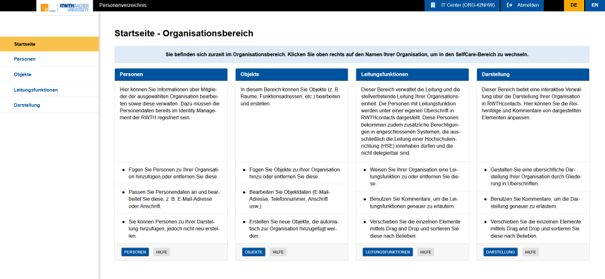 Screenshot des Organisationsbereichs