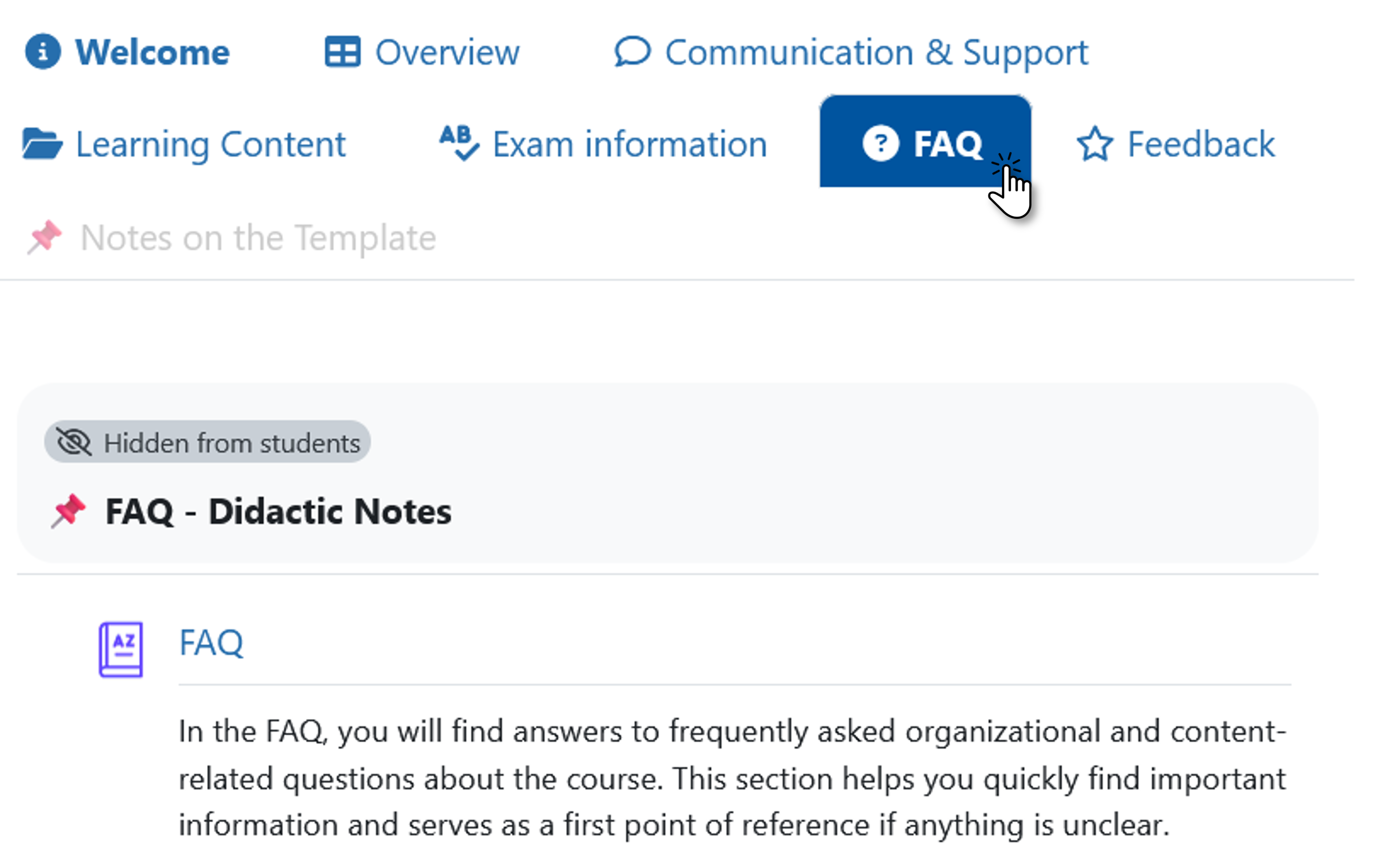 Screenshot of a Moodle course using the Onetopic format, with tabs for the individual course sections. The “FAQ” tab is selected and contains a glossary used as an FAQ.