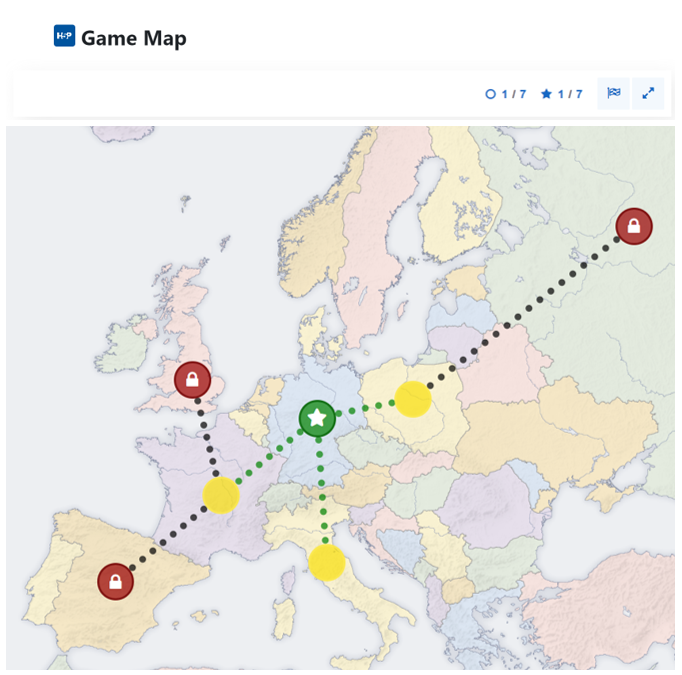 Exemplary representation of a learning map with different countries. A stage has been placed in a total of seven countries. An H5P content type is stored behind each stage. The stages are connected to each other, with one country forming the starting point. Three other stages can be reached from the starting point. The order in which the stages are accessed is not fixed; stages that are further away cannot yet be accessed, but can be accessed as soon as the immediately adjacent stage has been successfully completed.