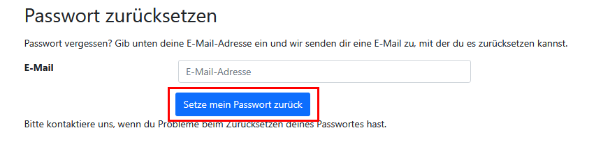 Screenshot der Seite Passwort zurücksetzen, wie im Schritt 4 beschrieben