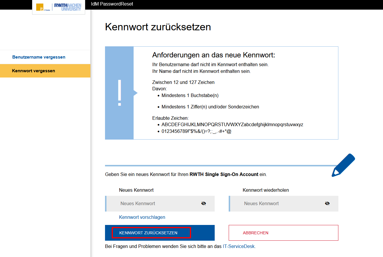 Screenshot der Seite "Kennwort zurücksetzen". Oben finden Sie die Anforderungen für das Kennwort. Darunter befinden sich die Eingabefelder "Neues Kennwort" und "Kennwort wiederholen". Darunter befindet sich die Schaltfläche "Passwort zurücksetzen".