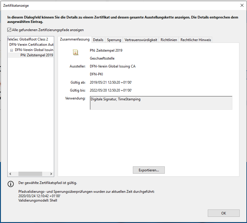 Zertifikatsanzeige Zeitstempel Zertifikatsanzeige Zeitstempel