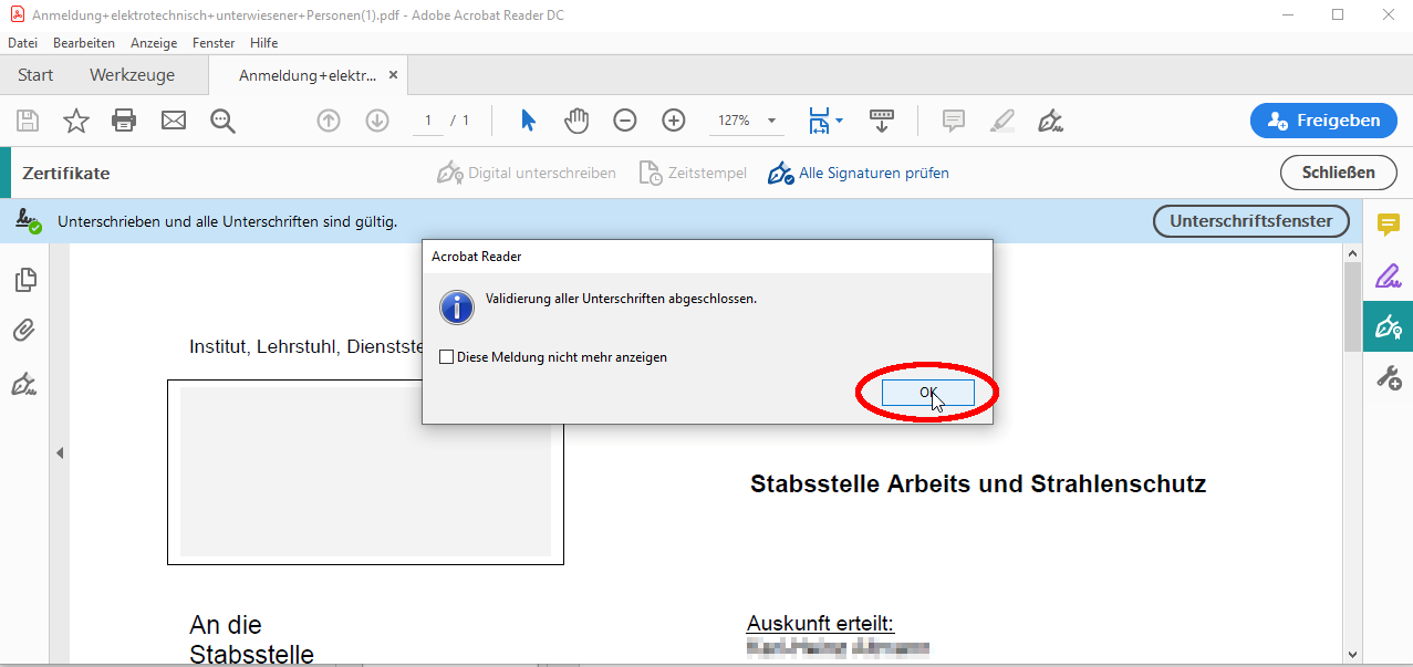 Prüfung aller elektronischen Unterschriften abgeschlossen Prüfung aller elektronischen Unterschriften abgeschlossen