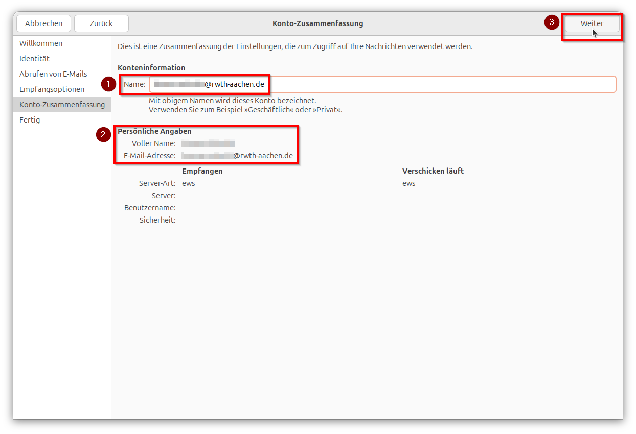 Screenshot des Fensters "Konto-Zusammenfassung" auf dem mittig die Felder "Name" und "Persönliche Angabe", sowie oben rechts der Button "Weiter" markiert ist.