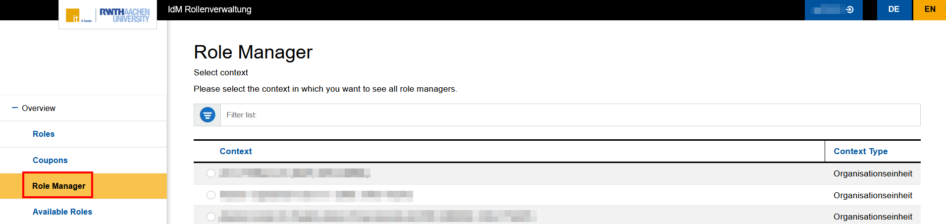 Screenshot of the "Role Manager" tab. Organizations are listed in a table. The table has two columns: Context and Context Type.