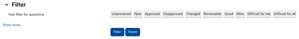 Filter options for questions Filter options for questions