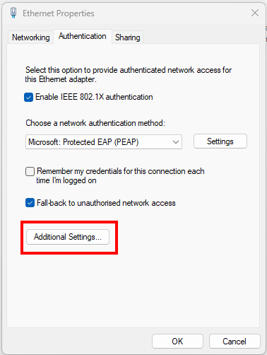 Screenshot of the Ethernet Properties window, Authentication tab. The "Additional Settings" button is located at the bottom of the tab, before the OK button.