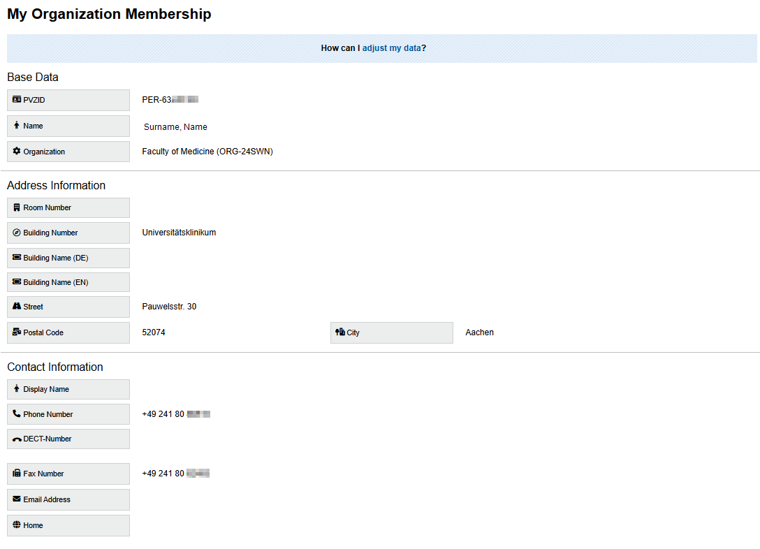 detailed view of the organization memberships A screenshot of the detailed view of the organization memberships. The view lists the base data, address, and contact information.