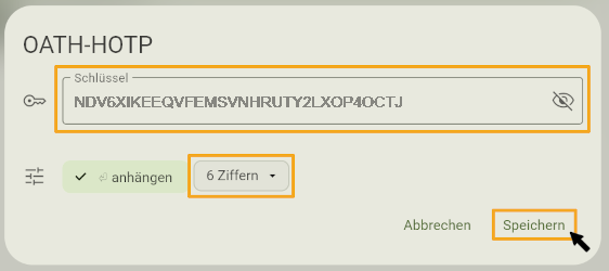 Screenshot eines pop-ups mit dem Titel „OATH-HOTP“. Der Code, bestehend aus Buchstaben und Zahlen, steht in einem Feld mit der Überschrift „Schlüssel“. Darunter ist die Einstellung der Zeichenlänge in einem drop-down Menü, voreingestellt auf „6 Ziffern“. Der Button „Speichern“ ist darunter, am Ende des pop-up-Fensters.