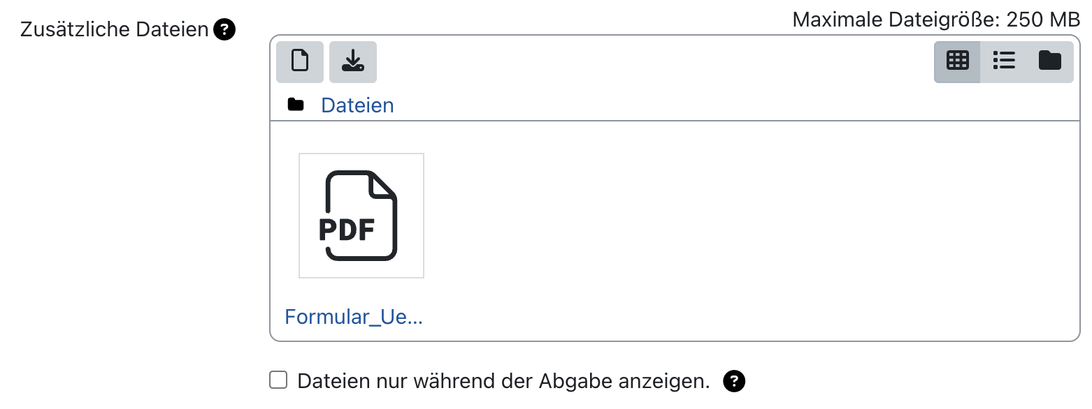 Screenshot des Uploadfelds "Zusatzdateien" mit einer eingefügten Beispieldatei. Unter dem Feld ist die Option "Dateien nur während der Abgabe anzeiogen" abgewählt.