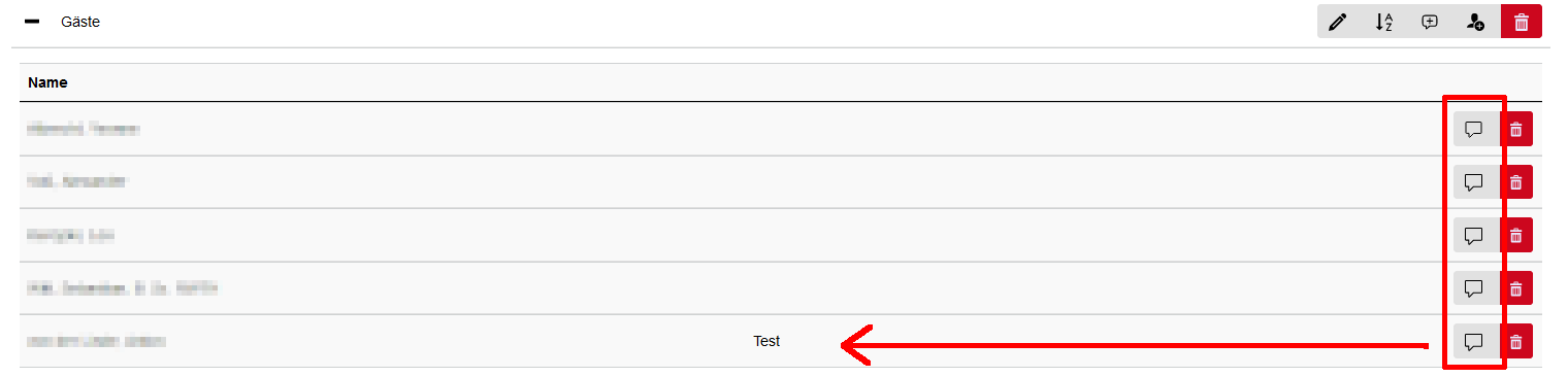 Screenshot der Gästeübersicht in dem der Button "Kommentar anpassen" in jeder Zeile nach dem Namen kommt.