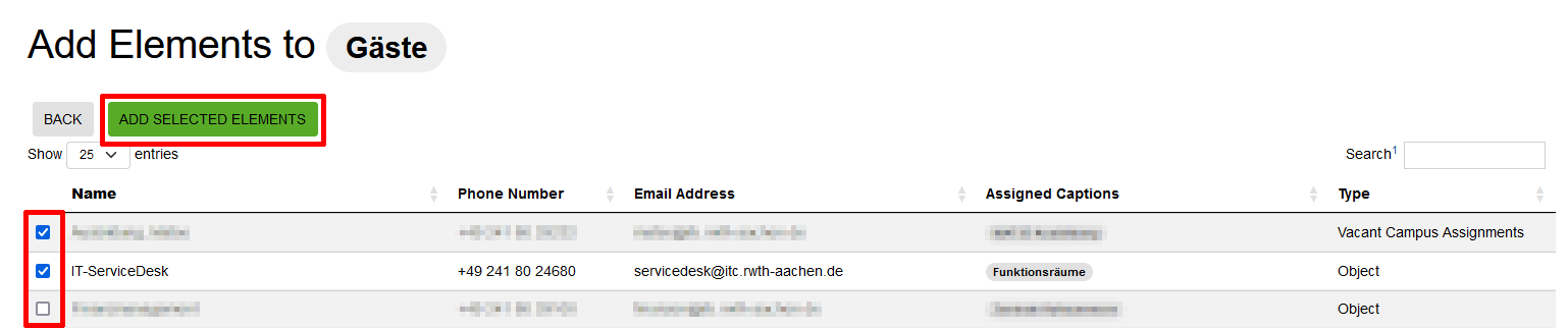 Assigning elements to a heading Screenshot of the ‘Add elements’ view. ‘Add selected elements’ is located above the table with the elements. The elements can be selected with a checkbox in front of the respective element.