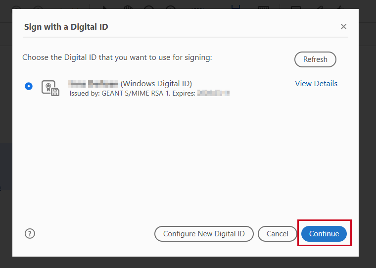 Dialog box Sign with a Digital ID. The list of available IDs is followed by three buttons: Configure New Digital ID, Cancel, and Continue.