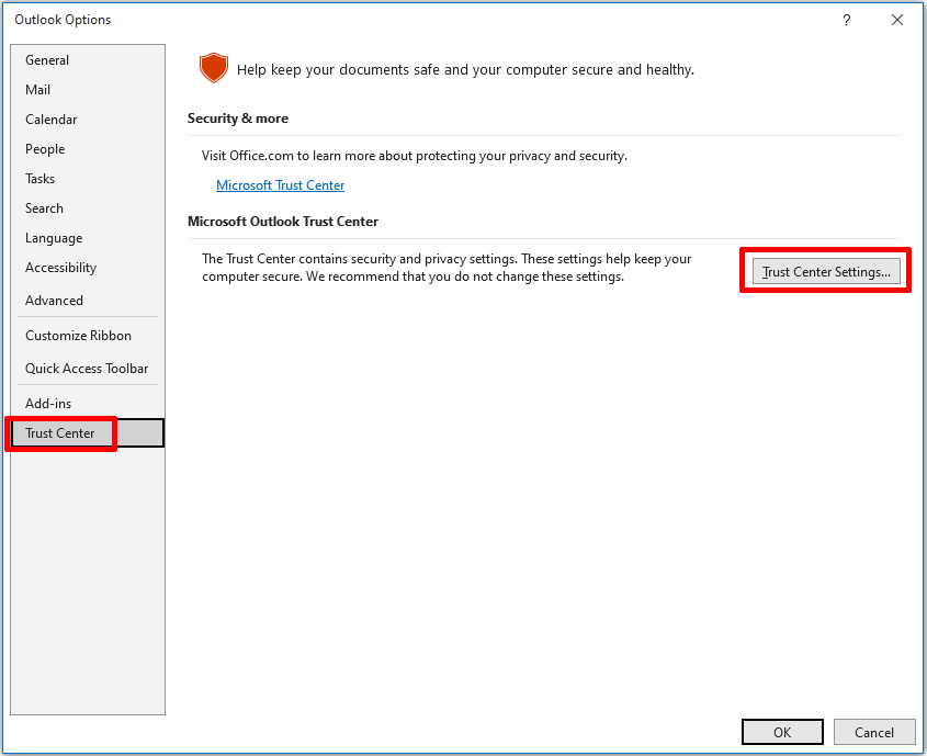 Opening the Trust Center Settings Opening the Trust Center Settings