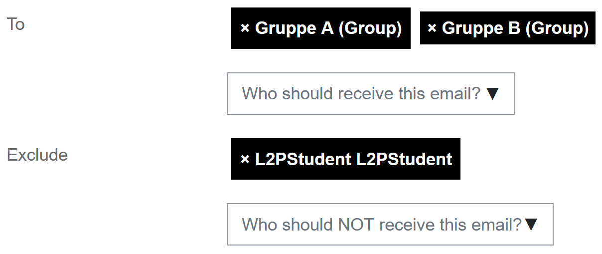 Quickmail sending email settings The screenshot show the recipients section in the "Compose Course Email" function. It has two sections, "To" and "Exclude". In "To" two recipient groups are listed, "Gruppe A (Group)" and "Gruppe B (Group). A dropdown menu called "Who should receive this email?" allows to add more recipients. The "Exclude" section shows the group "L2PStudent" and offers another dropdown menu called "Who should NOT receive this email?" for excluding recipients.