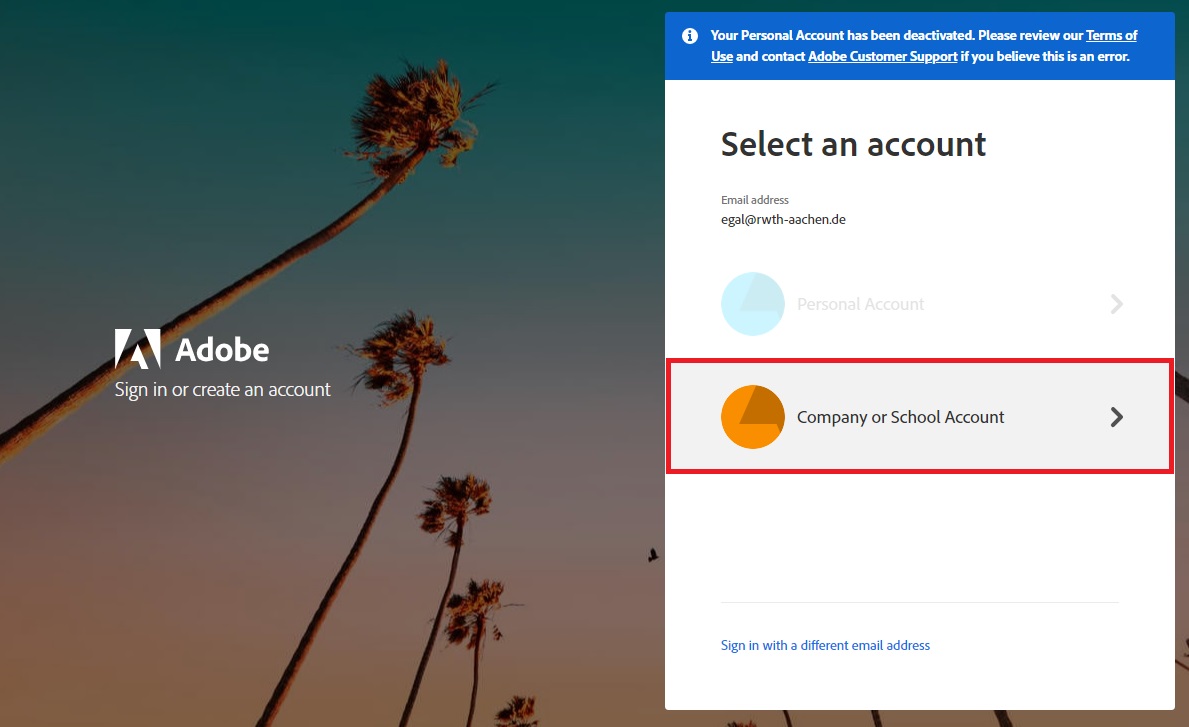 Selecting "Company or School Account" Selecting "Company or School Account"