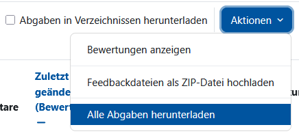 Screenshot: Geöffnetes Drop-down-Menü "Aktionen" mit ausgewähltem Menüpunkt "Alle Abgaben herunterladen".