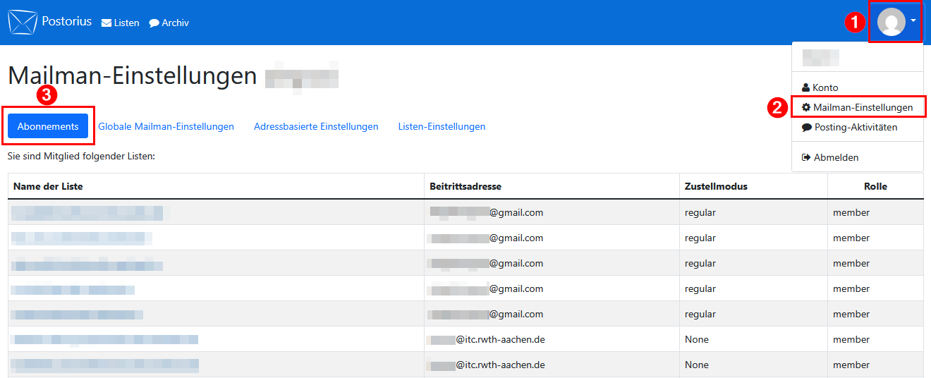 Screenshot der Registerkarte "Abonnements" auf der Seite "Mailman-Einstellungen". Die Listen werden in einer Tabelle mit 4 Spalten angezeigt: Name der Liste, Beitrittsadresse, Zustellmodus und Rolle. 