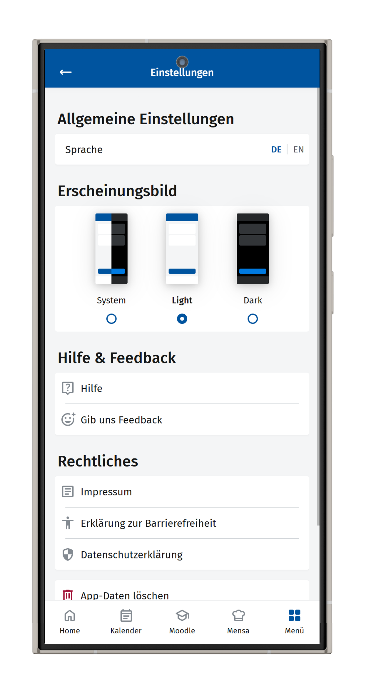 Screenshot der allgemeinen Einstellungen im Light-Modus