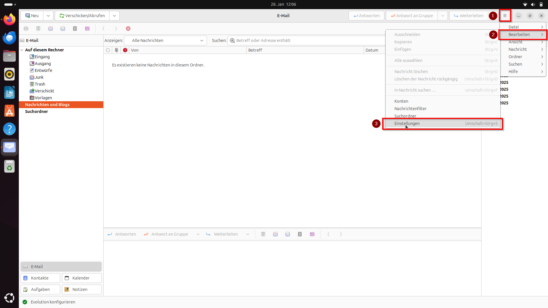 Screenshot vom Evolution Client: Oben rechts ist das Burgermenü markiert und ausgeklappt. Das ausgeklappte Menü zeigt den Pfad von "Bearbeiten" zu "Einstellungen".